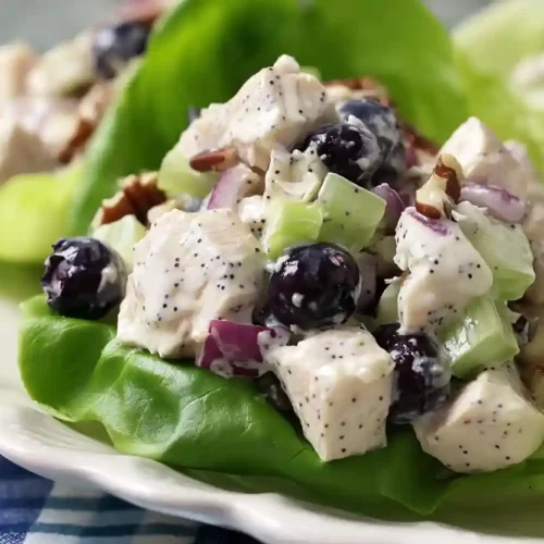 Blueberry pecan chicken salad served in crisp lettuce cups on a white plate