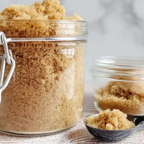 Brown sugar packed in a clear glass jar with a metal clasp on a wooden surface