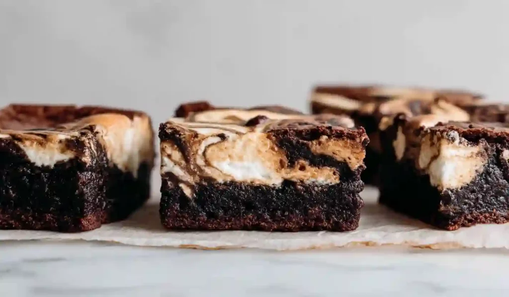 Extra close-up brownies with marshmallow swirl topping on a neutral baking surface