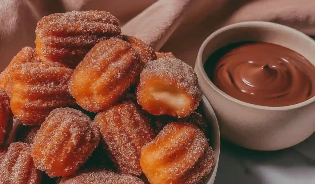 Sugar-coated churro bites served with creamy chocolate dipping sauce