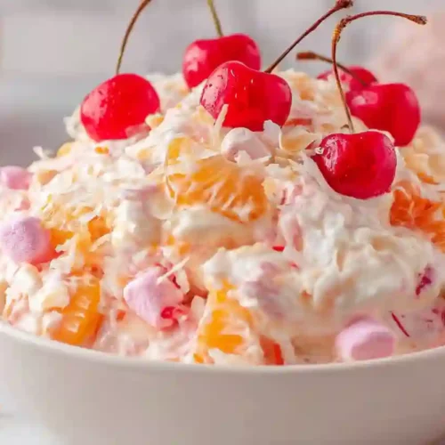 Close-up of classic ambrosia salad with mandarin oranges, cherries, marshmallows, and whipped cream in a white bowl