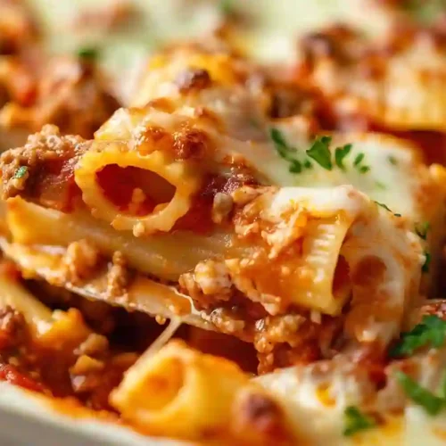Extra close-up baked ziti with melted mozzarella, ricotta layers and meat sauce in a ceramic baking dish