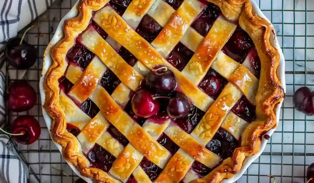 Overhead close-up of a golden lattice cherry pie with glossy cherry filling and rustic crimped edges
