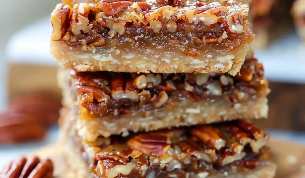 Close-up of stacked pecan pie bars with glossy pecan topping and shortbread crust