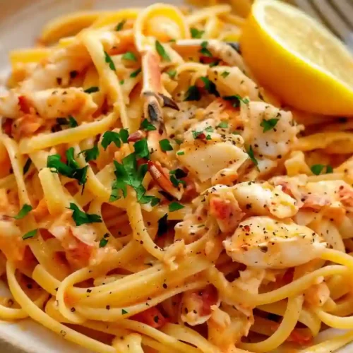 Extra close-up crab linguine pasta in a light beige ceramic bowl with parsley and lemon wedge on white marble countertop