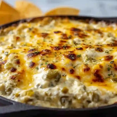 Extra close-up of creamy cheesy green chile dip baked until golden and bubbly in a dark skillet on a white marble countertop