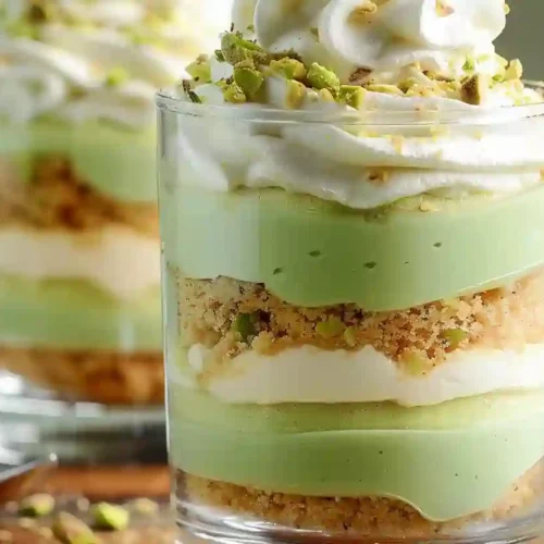 Layered pistachio pudding dessert in clear glass with whipped cream and crushed pistachios