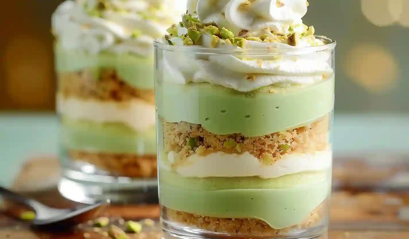 Layered pistachio pudding dessert in clear glass with whipped cream and crushed pistachios