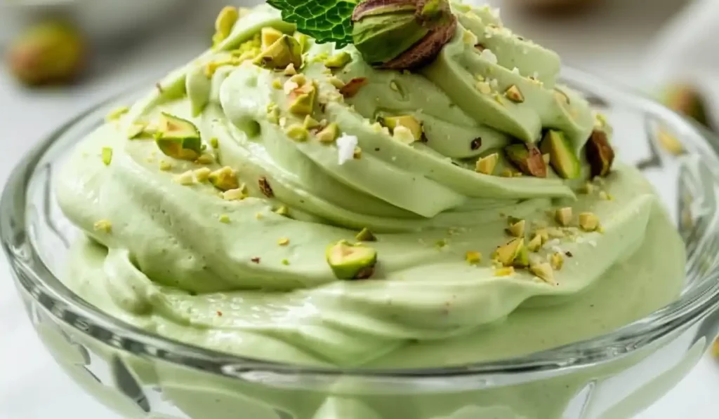 Extra close-up of creamy pistachio fluff in a clear glass dessert bowl topped with chopped pistachios and mint