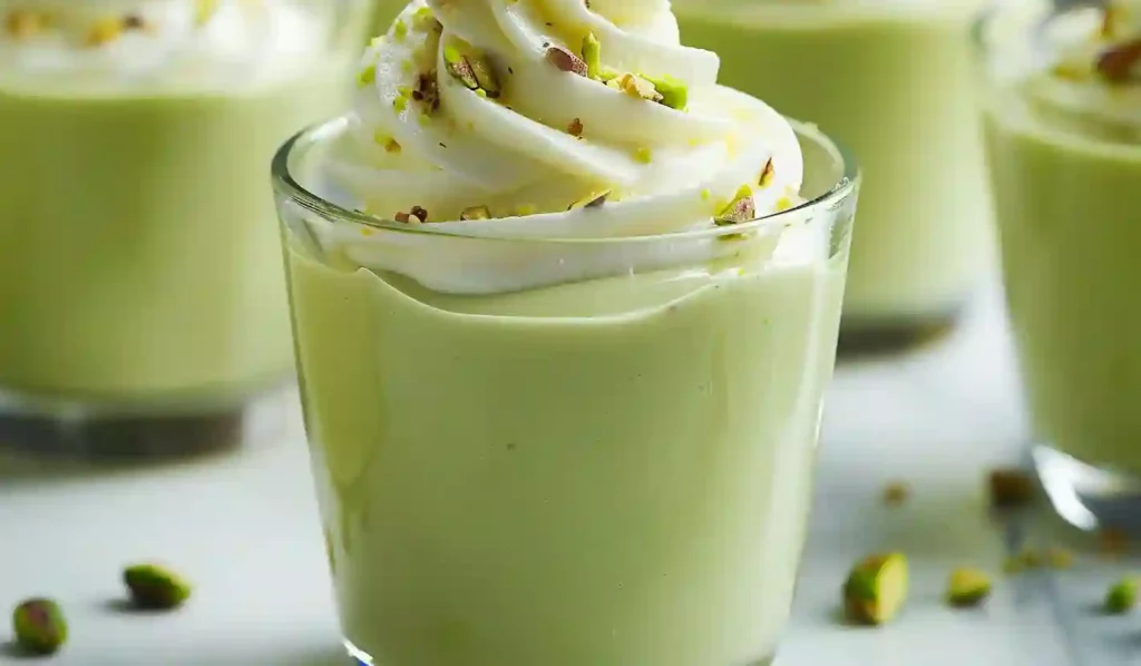 Close-up pistachio pudding cup topped with whipped cream and crushed pistachios in a glass on marble countertop