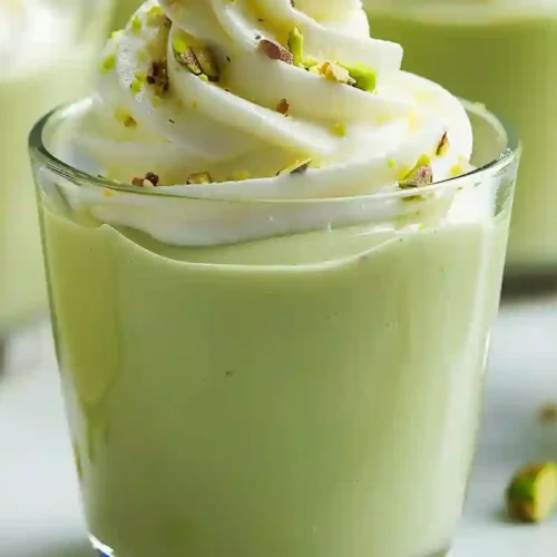 Close-up pistachio pudding cup topped with whipped cream and crushed pistachios in a glass on marble countertop