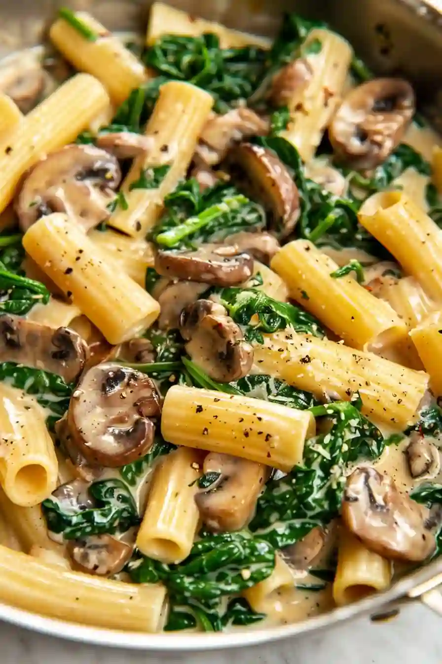 Spinach Mushroom Pasta A Cozy, Creamy Weeknight Comfort Meal 2 Vertical close-up of creamy spinach mushroom pasta with mushrooms and spinach
