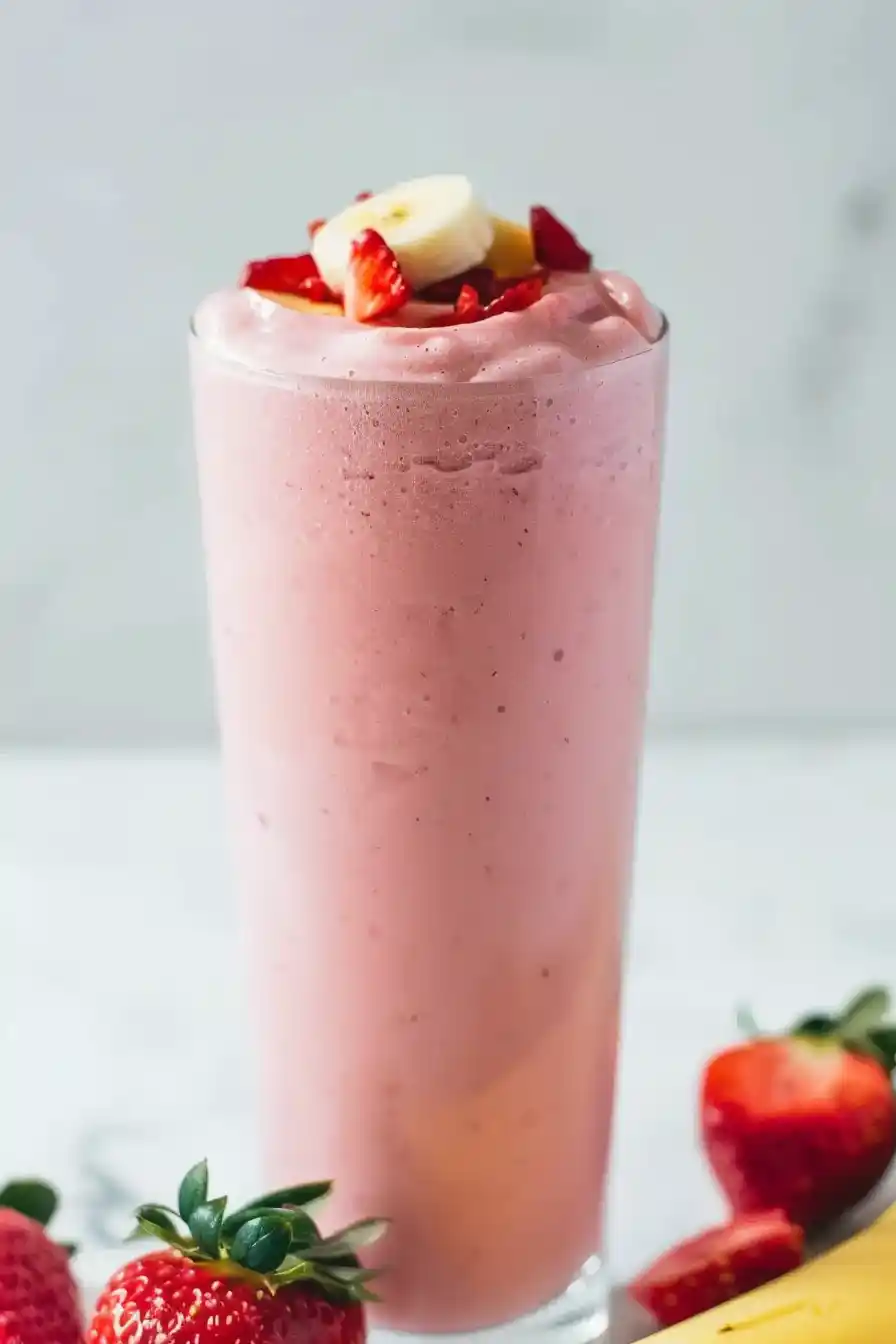 Vertical strawberry banana smoothie glass with soft pink creamy texture and fruit garnish