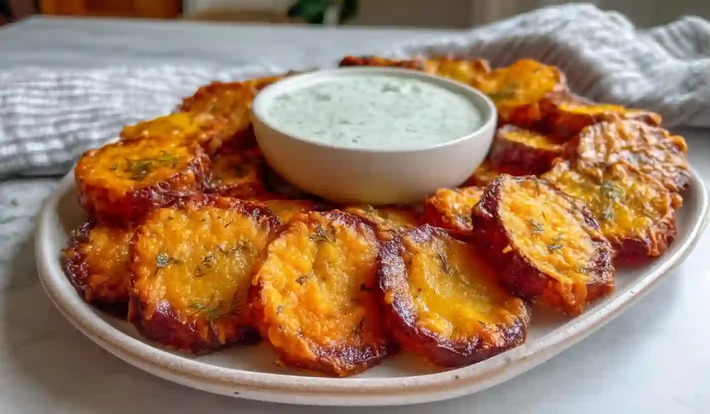 Extra close-up of crispy cheesy dill pickle chips arranged in a circle around a bowl of creamy dipping sauce on a ceramic plate