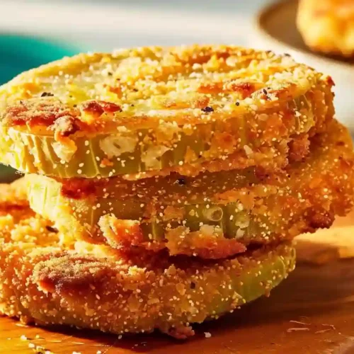 Stack of crispy fried green tomato slices on wooden board with golden cornmeal crust
