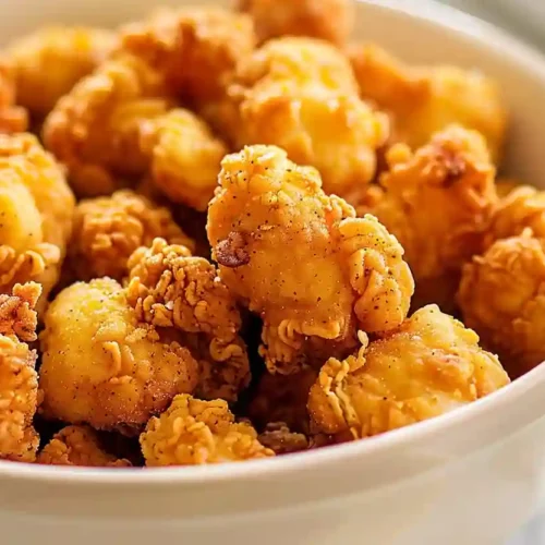 Extra close-up of golden crispy popcorn chicken in a ceramic bowl on marble countertop