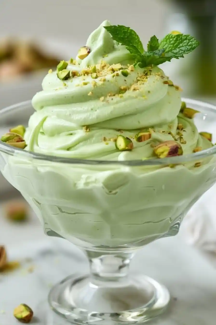 Vertical close-up of creamy pistachio fluff topped with chopped pistachios and mint in glass bowl