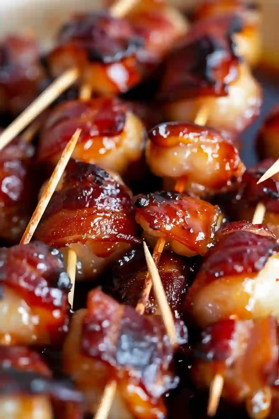 Vertical close-up of glazed bacon wrapped water chestnuts appetizer
