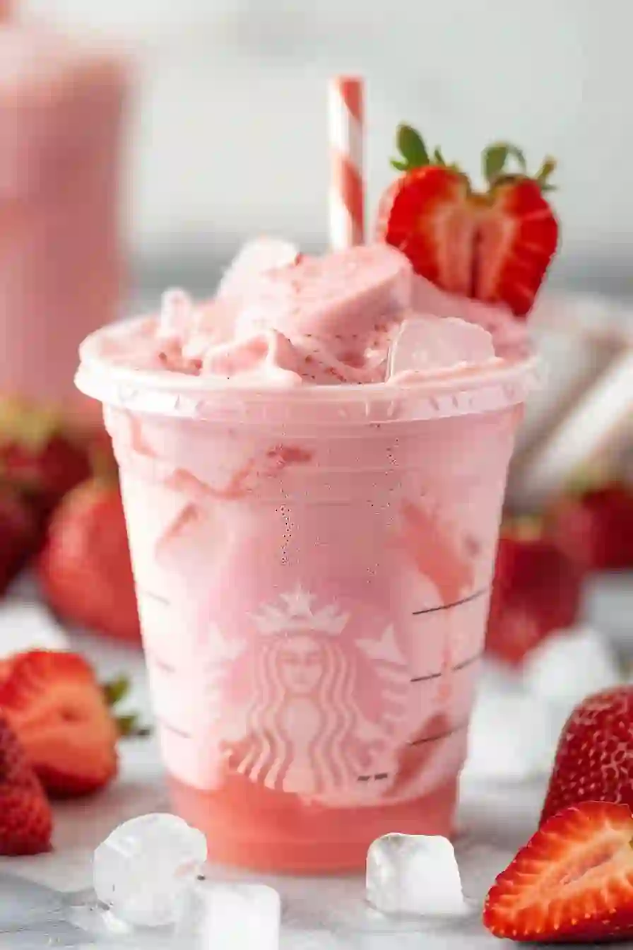 Vertical image of creamy strawberry coconut pink drink with ice in clear cup on marble counter