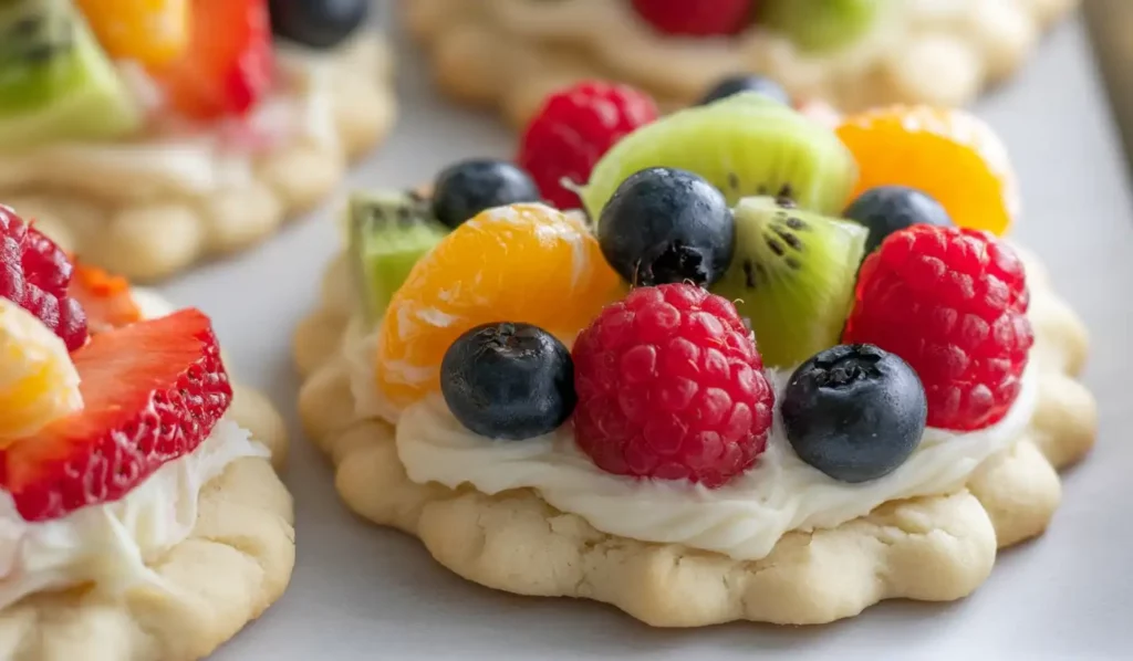 Mini fruit pizza sugar cookies topped with cream cheese frosting, fresh strawberries, blueberries, raspberries, kiwi, and mandarin oranges on a white marble surface