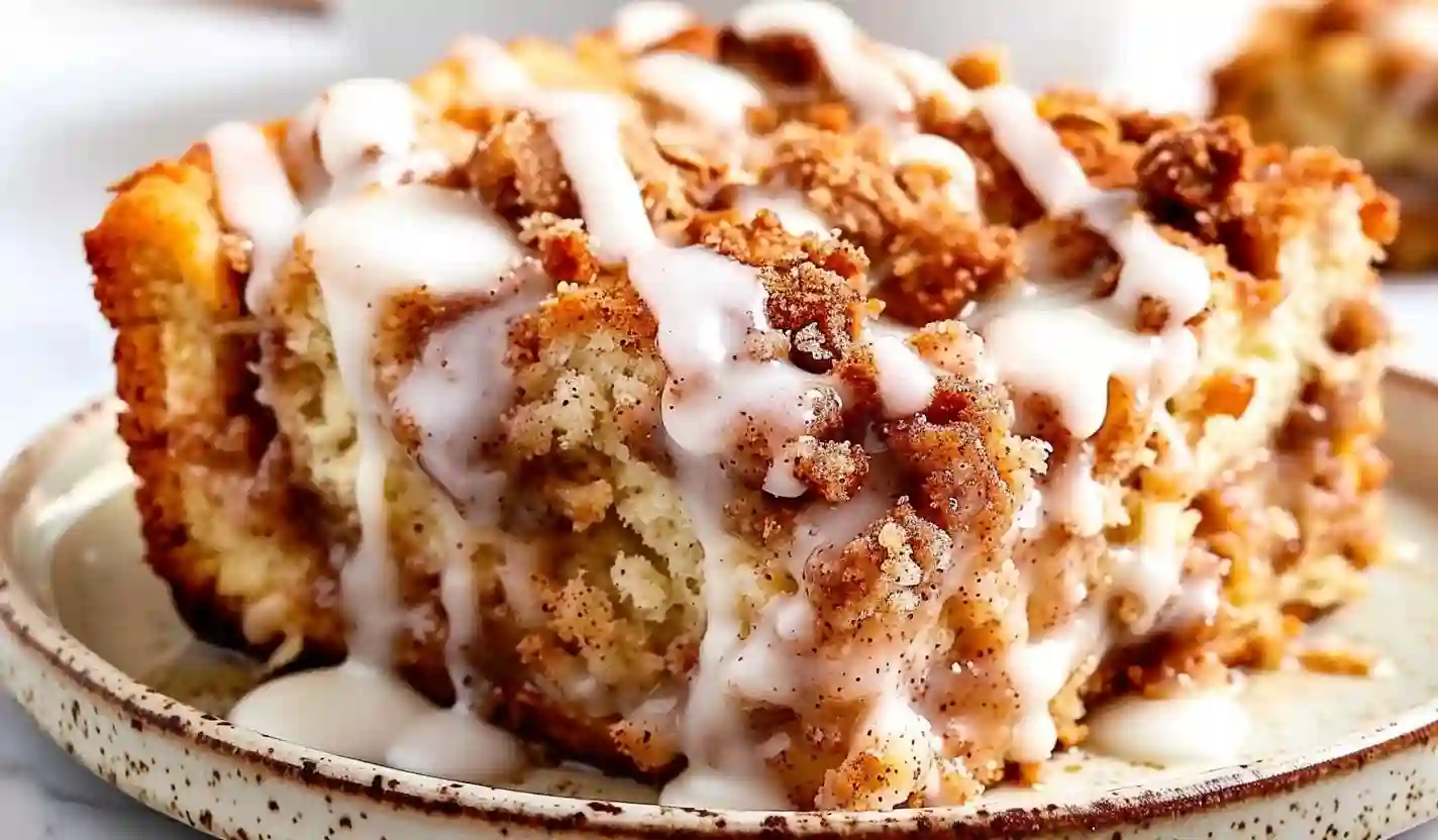 Close-up gluten-free cinnamon roll French toast casserole slice with cinnamon crumble topping and white glaze drizzle