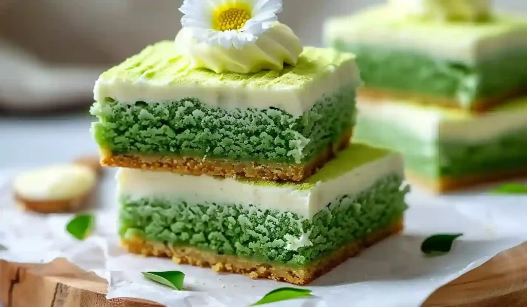 Close-up of stacked green velvet blondies topped with thick cream frosting and a small white flower