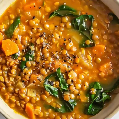 Thick lentil soup with carrots and spinach in a beige bowl on a marble countertop