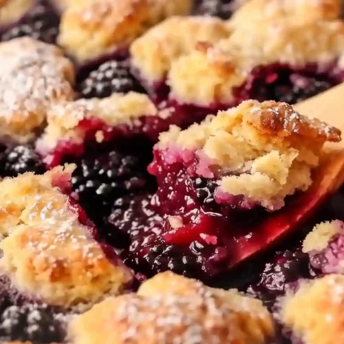 Close-up of homemade blackberry cobbler with golden biscuit topping and juicy blackberries