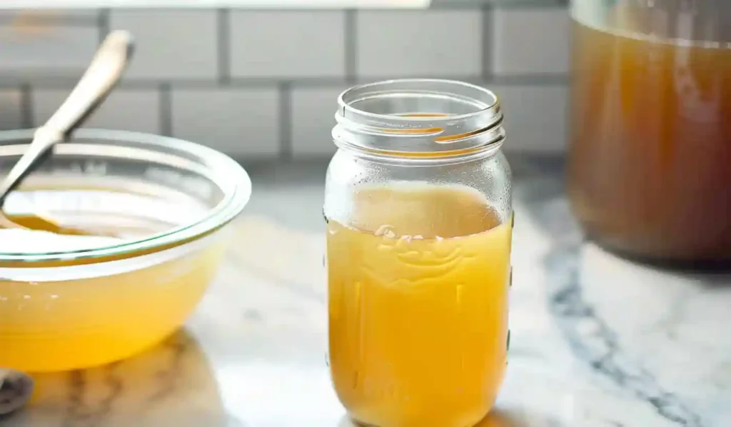 Clear golden homemade chicken broth in a glass mason jar on a white marble countertop with a glass bowl in the background