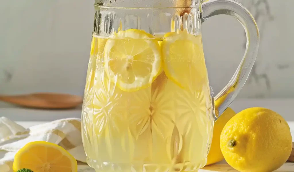Close-up of homemade lemonade in an embossed glass pitcher with lemon slices on a light wooden surface.