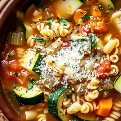 Rustic bowl of homemade minestrone soup with pasta, zucchini, carrots, grated parmesan and toasted bread