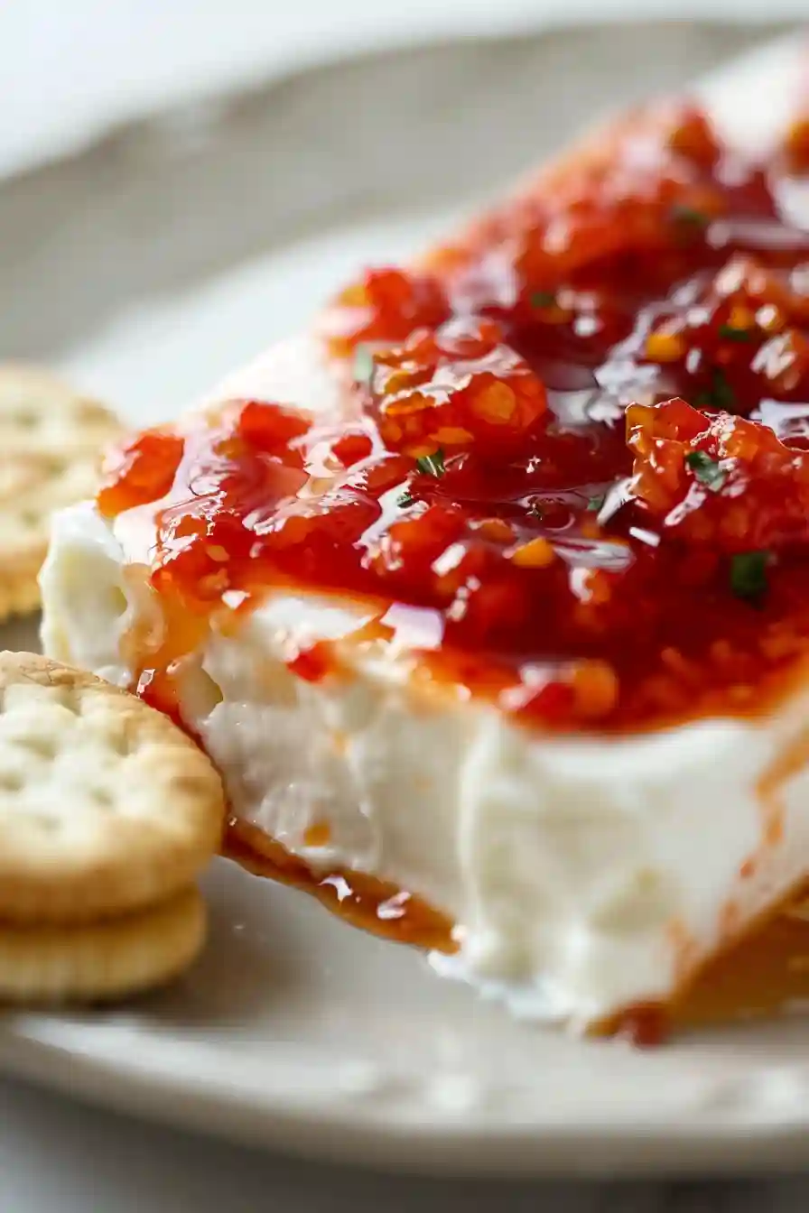 Close-up of cream cheese topped with red pepper jelly served with crackers