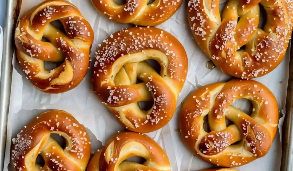 Golden brown homemade soft pretzels topped with coarse salt on parchment-lined baking tray