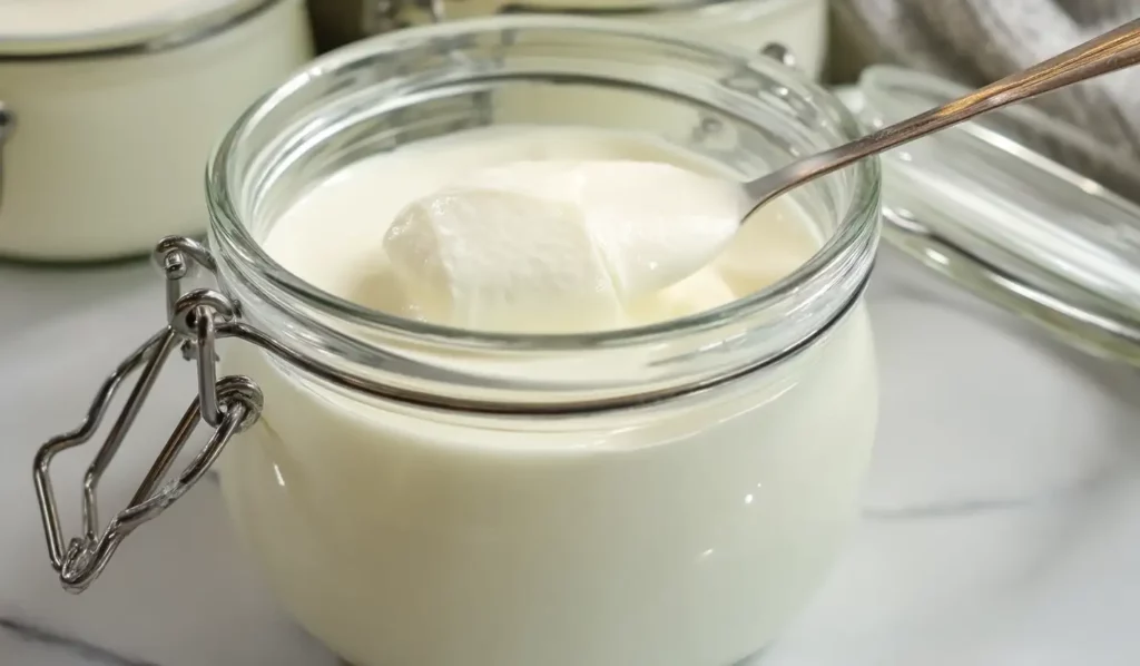 Creamy homemade yogurt set in a clear glass clamp jar on a dark surface