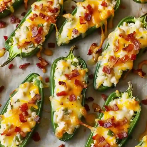 Oven-baked jalapeño poppers with melted cheese and bacon arranged on a parchment-lined baking sheet