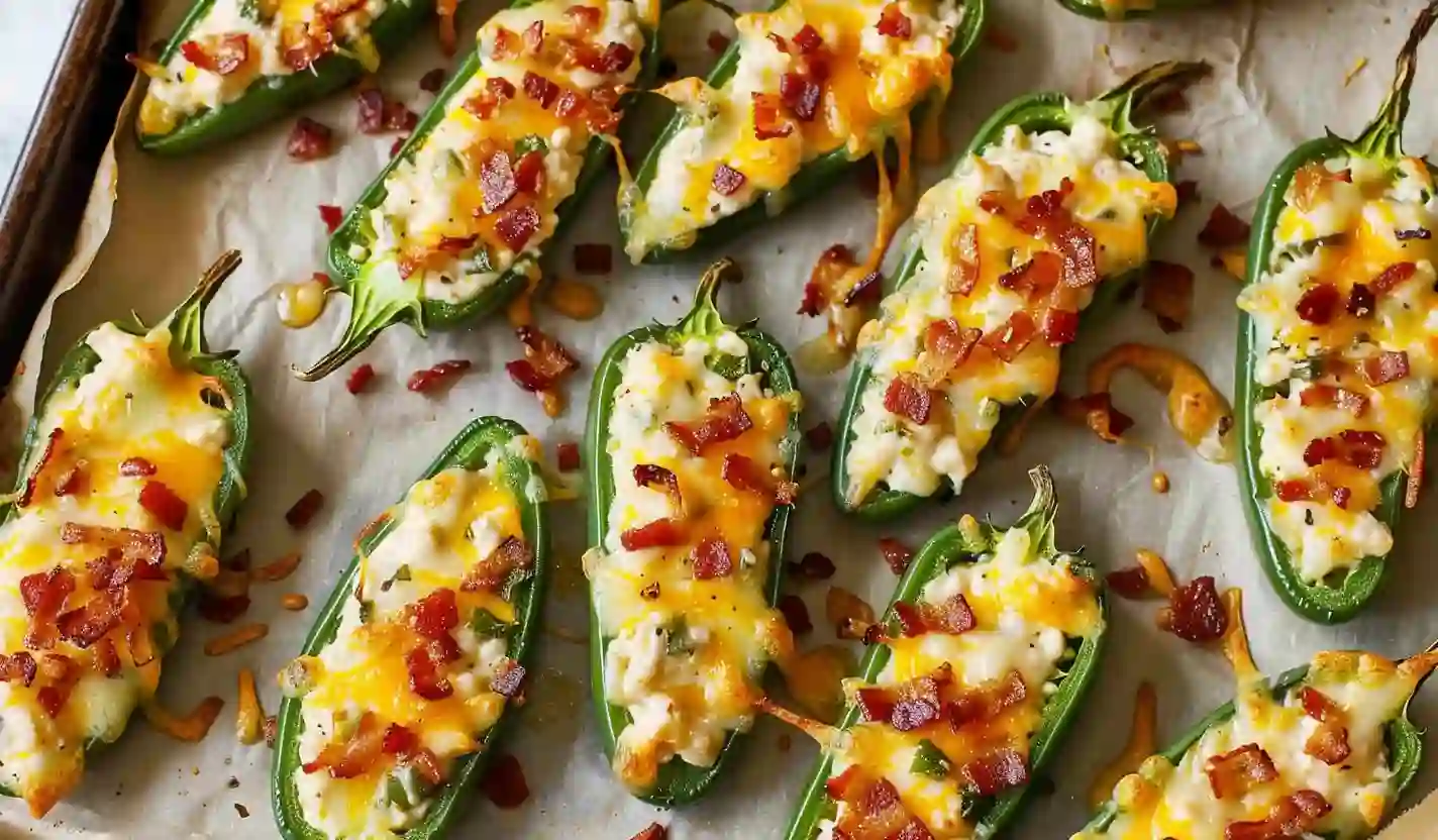 Oven-baked jalapeño poppers with melted cheese and bacon arranged on a parchment-lined baking sheet