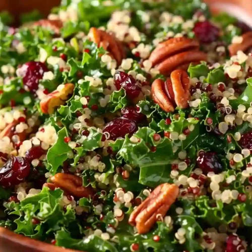 Extra close-up of kale cranberry quinoa salad with pecans and dried cranberries in a wooden bowl