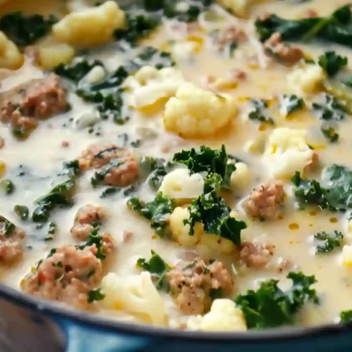 Creamy keto zuppa toscana soup with sausage, cauliflower, and kale in a blue pot