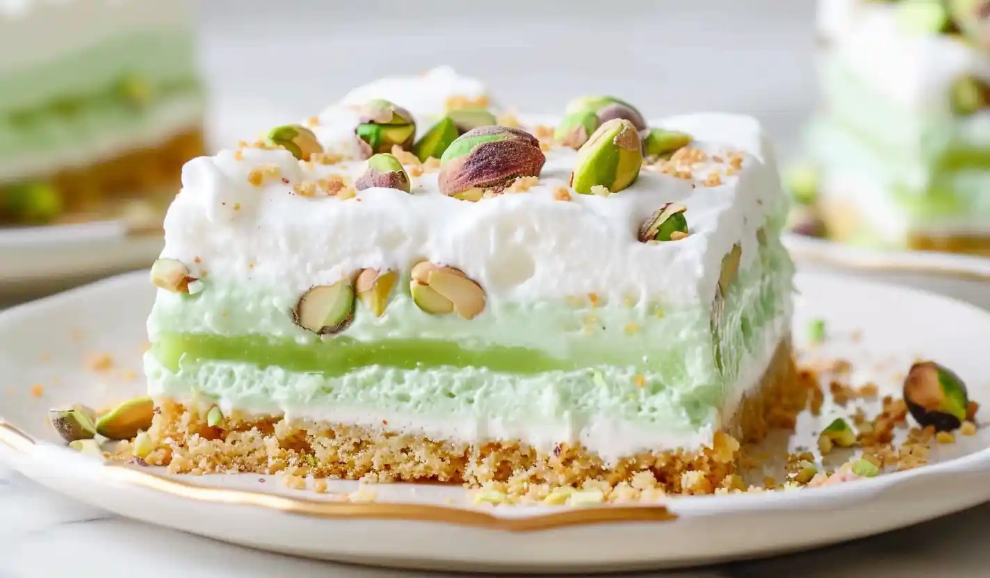 Close-up layered pistachio dessert bar with green filling, white cream topping, and pistachio garnish on a light plate