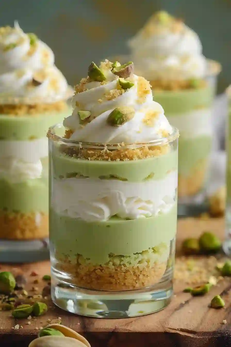 Vertical image of layered pistachio pudding with whipped cream and pistachio topping