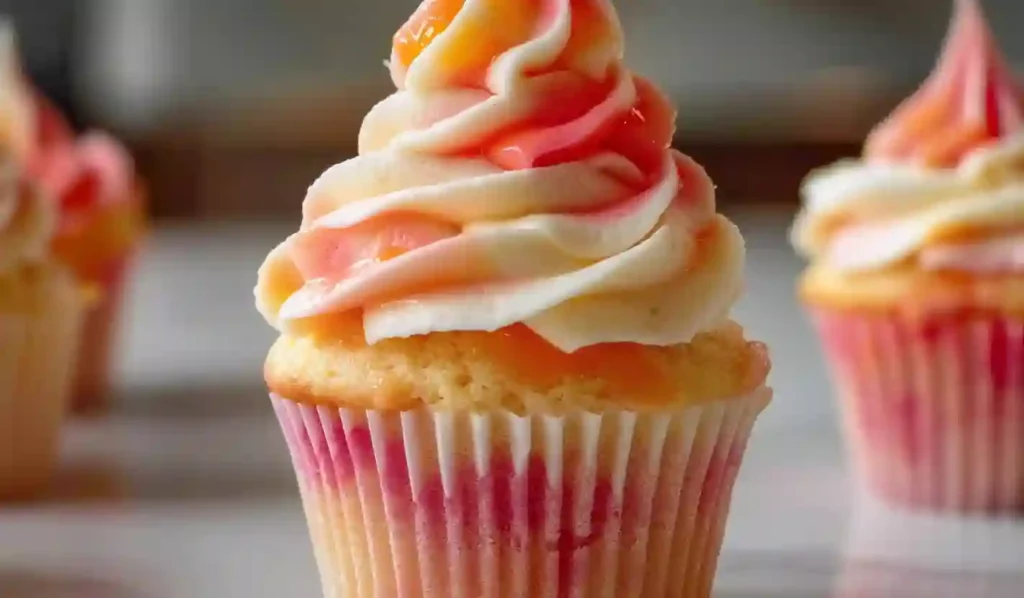 Close-up mango strawberry sunset cupcake with pink orange and white swirled frosting