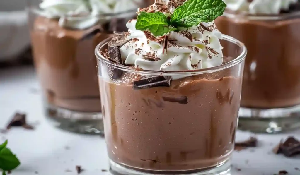 Close-up of mint chocolate mousse in a glass cup topped with whipped cream, chocolate shavings, and fresh mint leaves.
