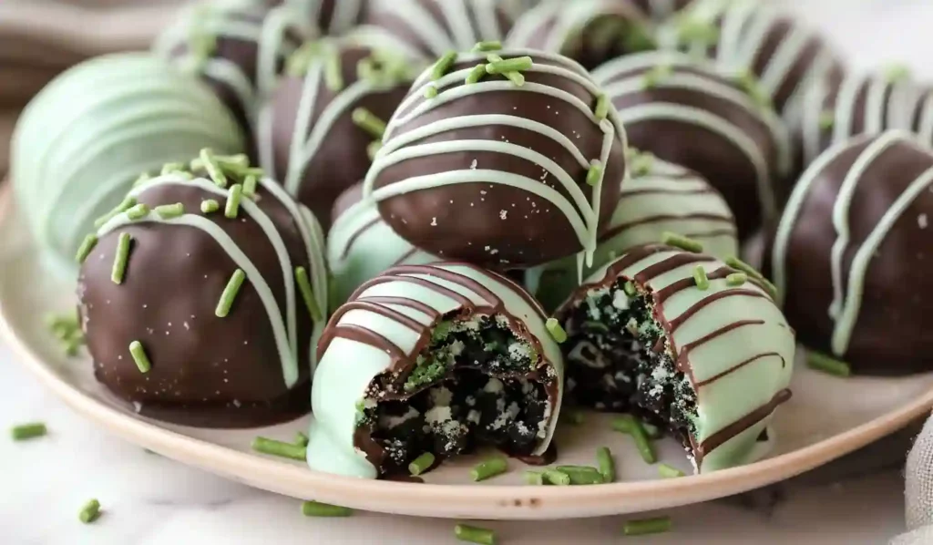 Close-up mint Oreo balls coated in green and chocolate with sprinkles on a neutral plate