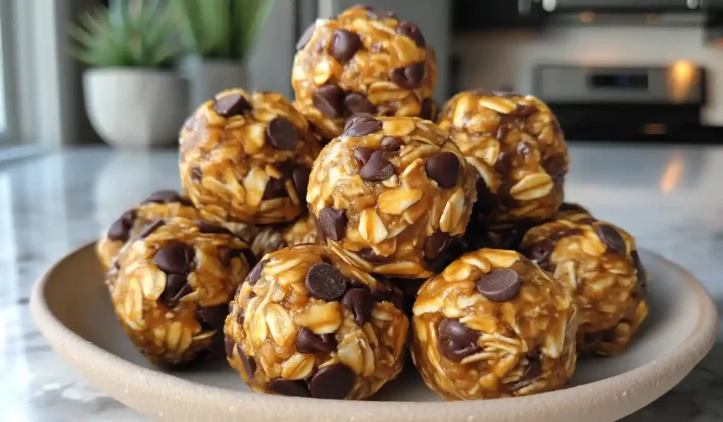 Stack of no-bake chocolate peanut butter protein balls on a light ceramic plate