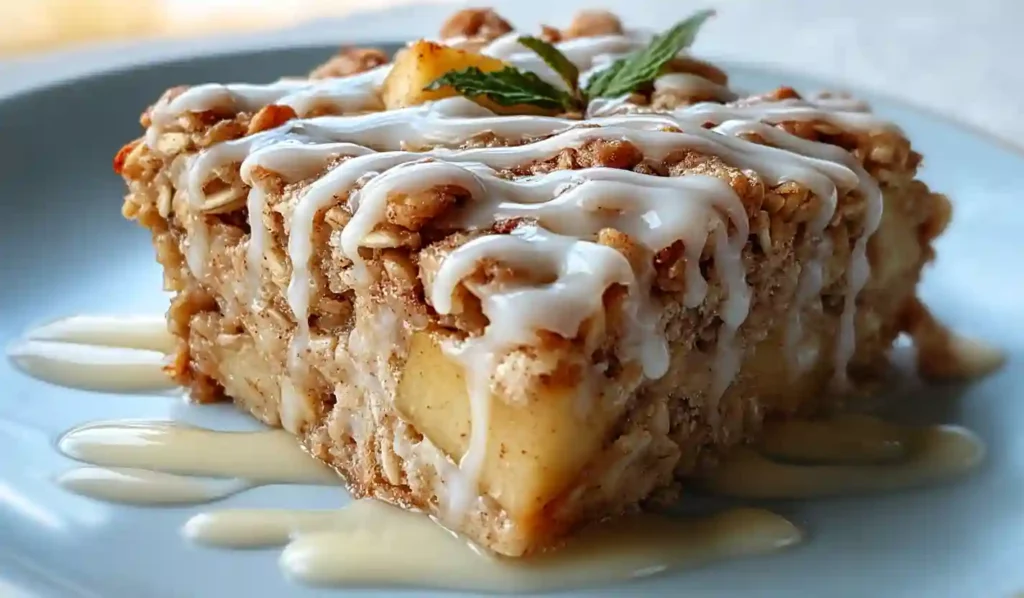Close-up of oatmeal apple breakfast bake with visible apple chunks, oat crumble topping, and vanilla glaze on a light plate