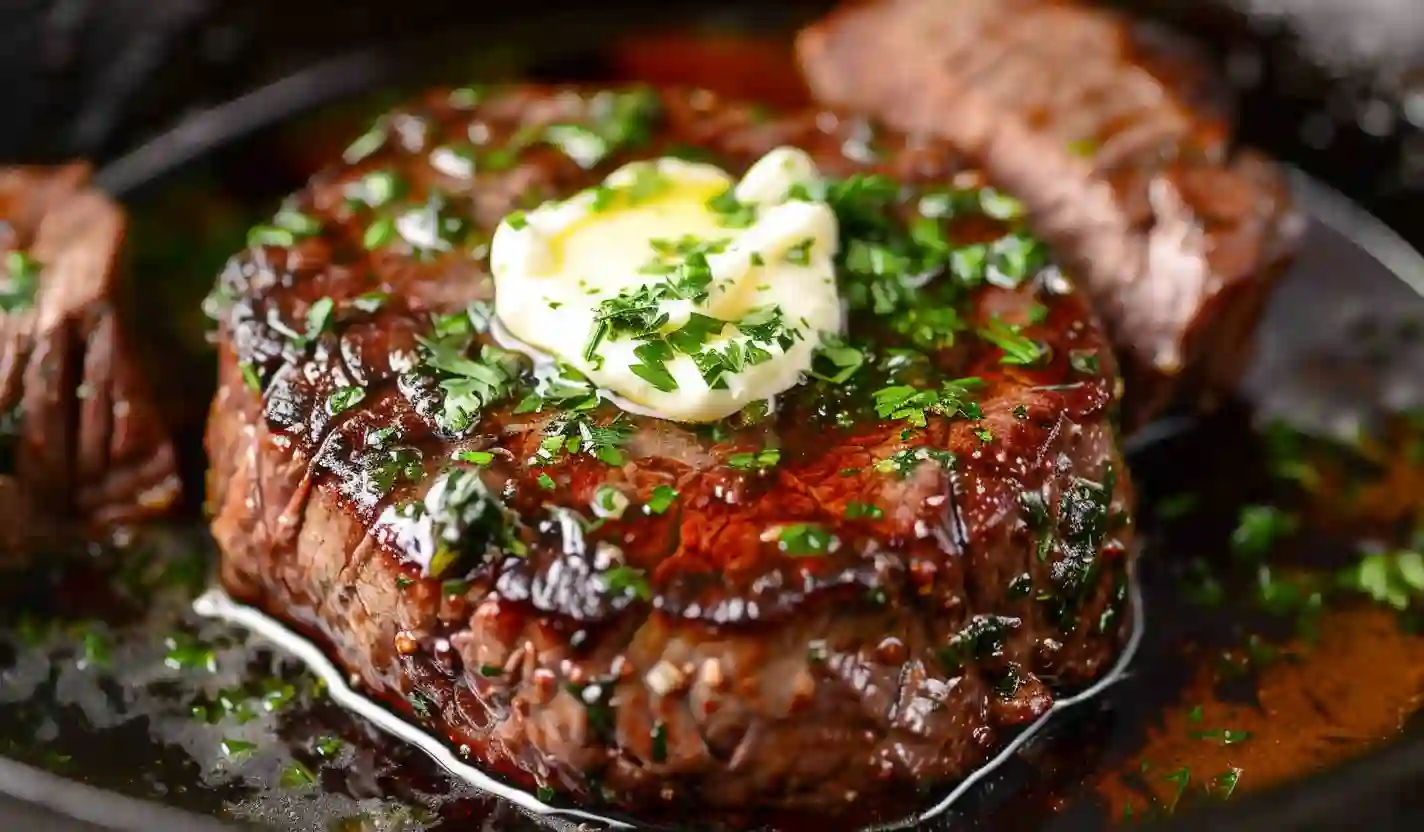 Extra close-up pan-seared filet mignon topped with melted herb butter in a dark skillet