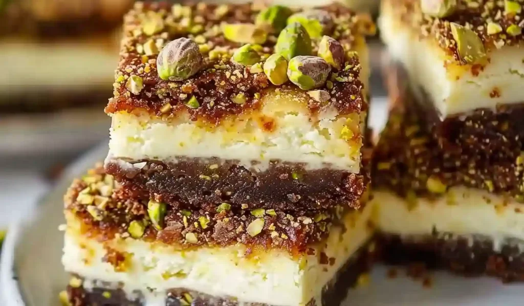Extra close-up pistachio cheesecake bars with thick brown crust and chopped pistachio topping