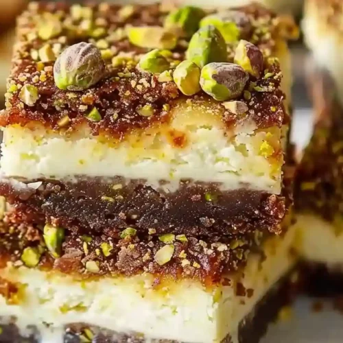 Extra close-up pistachio cheesecake bars with thick brown crust and chopped pistachio topping