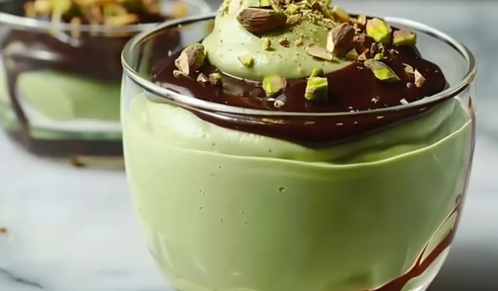 Glass cup of pistachio mousse topped with glossy chocolate ganache and chopped pistachios