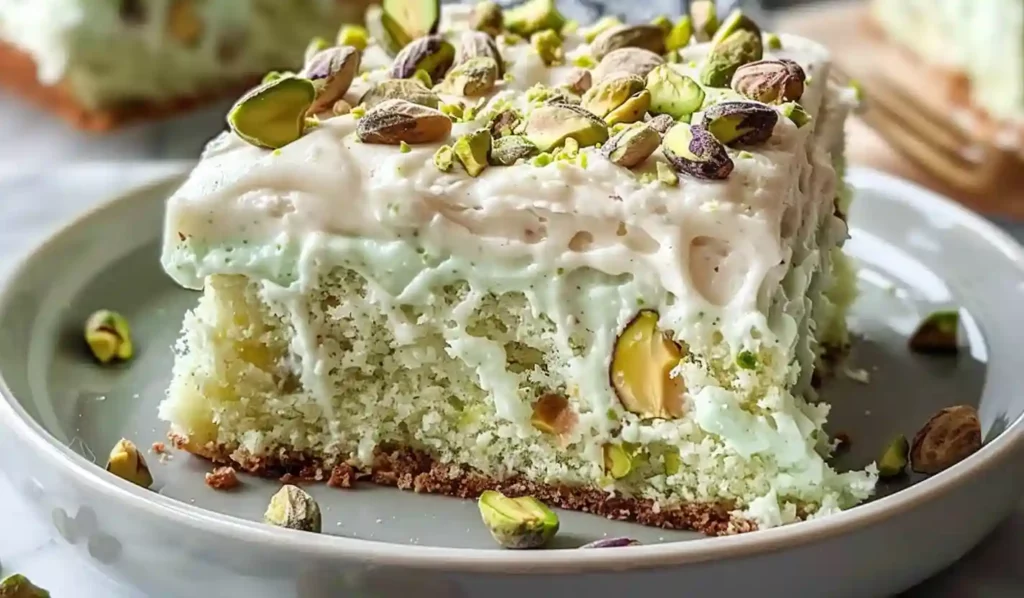Close-up slice of pistachio pudding poke cake topped with cream cheese frosting and chopped pistachios on a grey plate